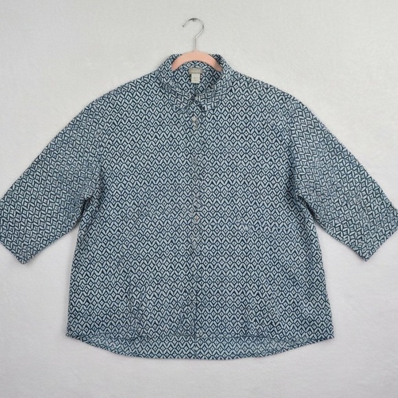 Chico's Tops - Chico's Button Up Top Women 12 Chicos 2  Blue Black Geometric Pattern 3/4 Sleeve